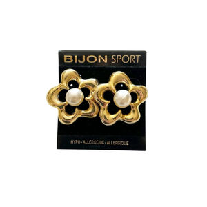 Vintage Women's Bijon Sport Flower Earrings Gold Plated w Faux Centre Pearl